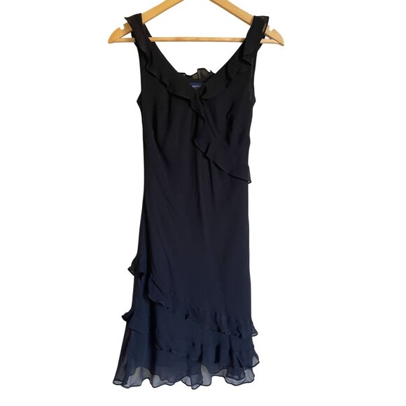 Vintage Y2K Ann Taylor 2P Petite Silk Ruffle Faux Wrap Dress Sleeveless Knee Len - Picture 1 of 7